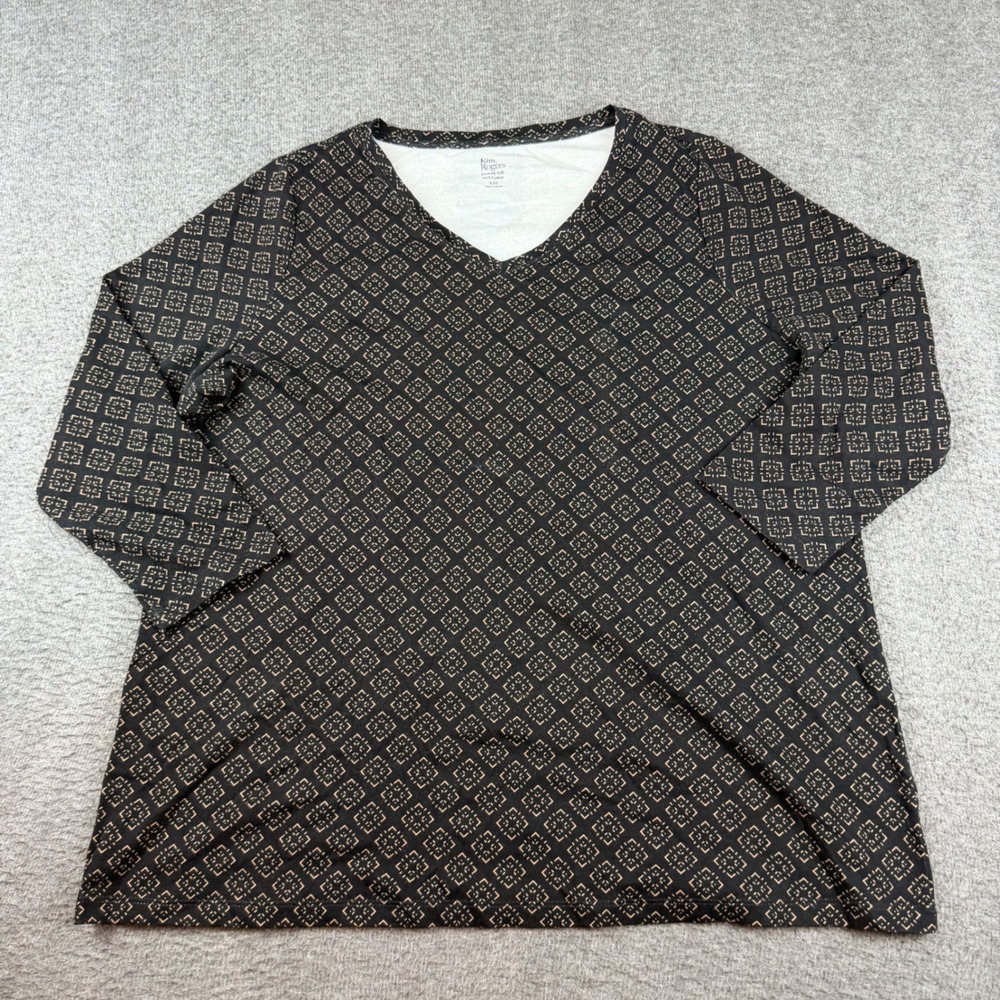 Kim Rogers V-Neck Top Womens XXL Black Tan Geometric Print 3/4 Sleeve Cotton